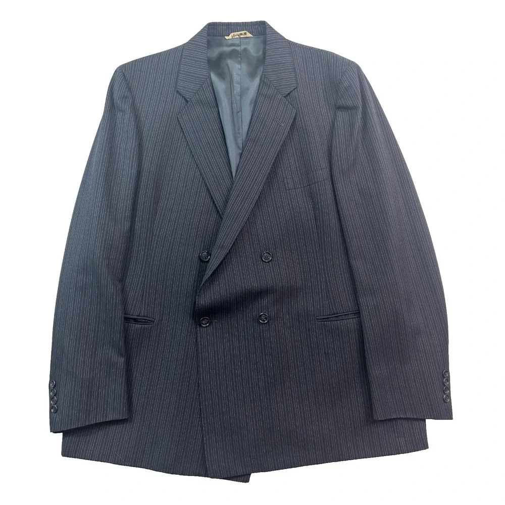 vtg 70s Oleg Cassini‎ 46L 46x34 2pc Pant Suit Double Breasted Navy Blue Stripe